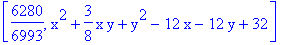 [6280/6993, x^2+3/8*x*y+y^2-12*x-12*y+32]
